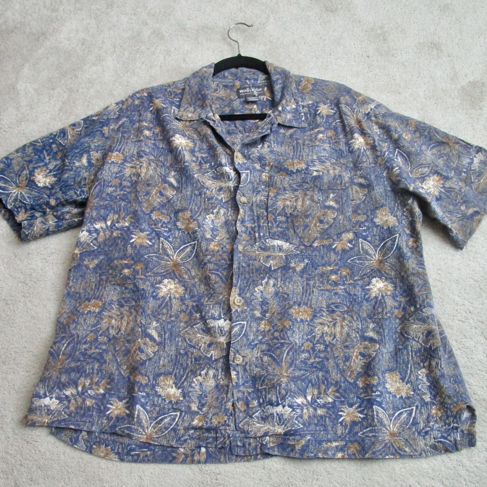 WOOLRICH Men's Short Sleeve Hawaiian Themed Shirt Blue/Gold Size Large BIN1-0186